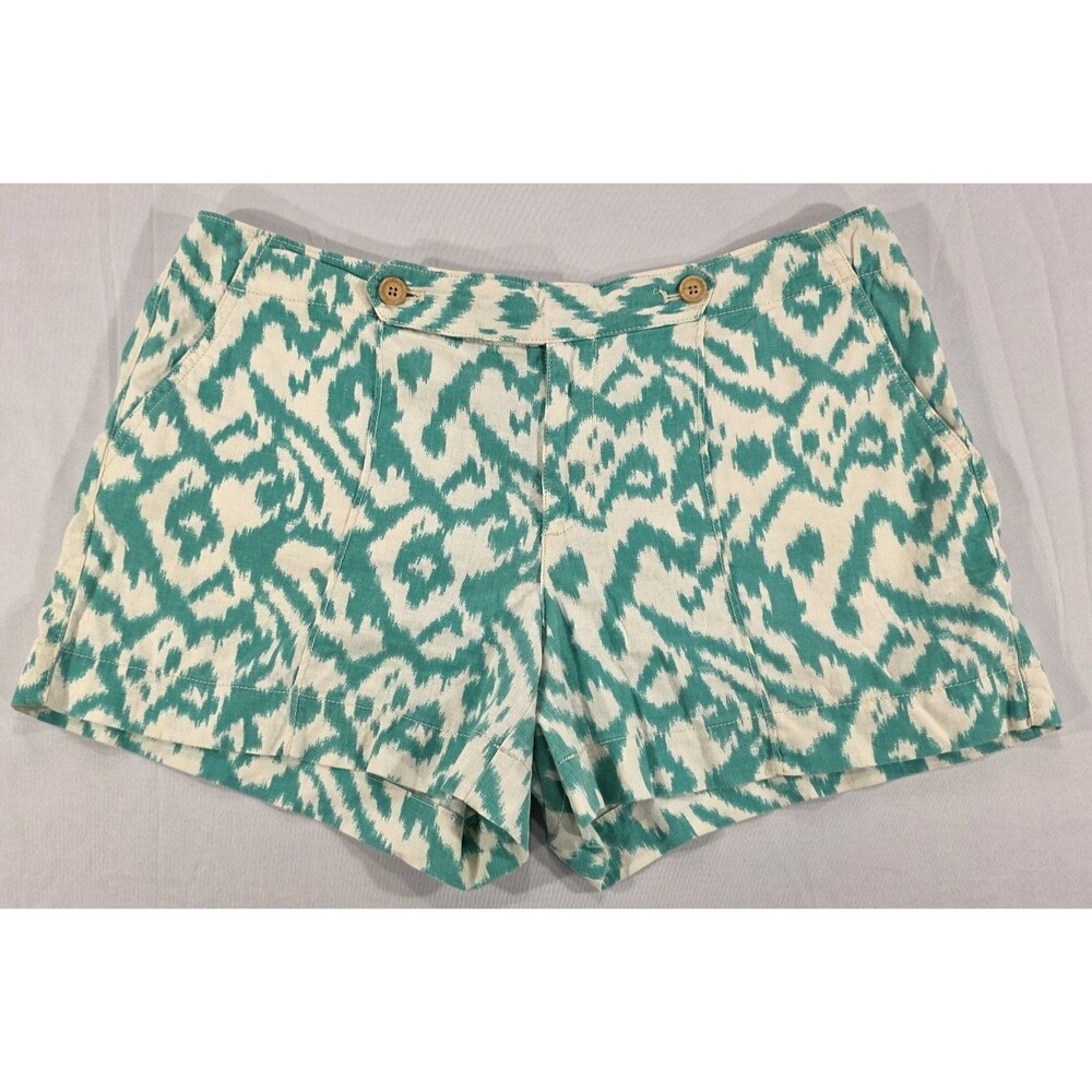 Loft Ikat Linen Cotton Riviera Shorts 12 Green Cream Boho Coastal Summer Resort